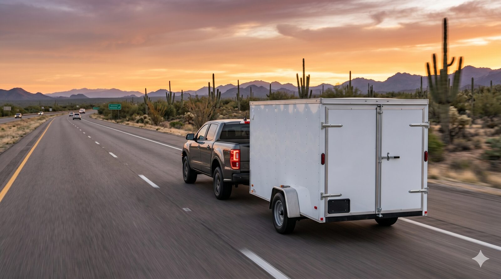 Camioneta con remolque cerrado en carretera de Arizona al atardecer